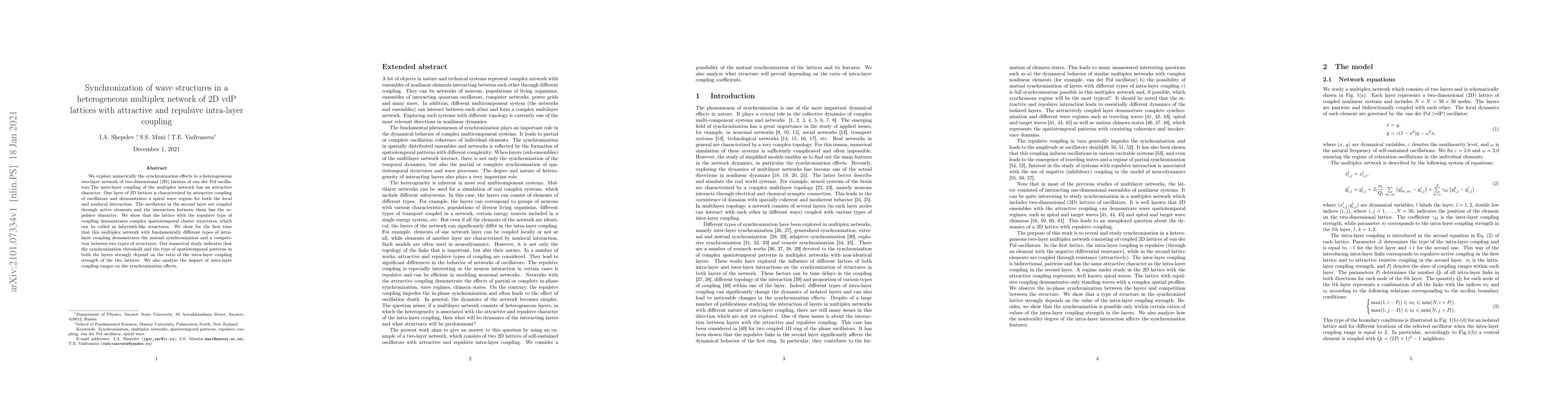 Thumbnail for Synchronization of wave structures in a heterogeneous multiplex network
  of 2D vdP lattices with attractive and repulsive intra-layer coupling