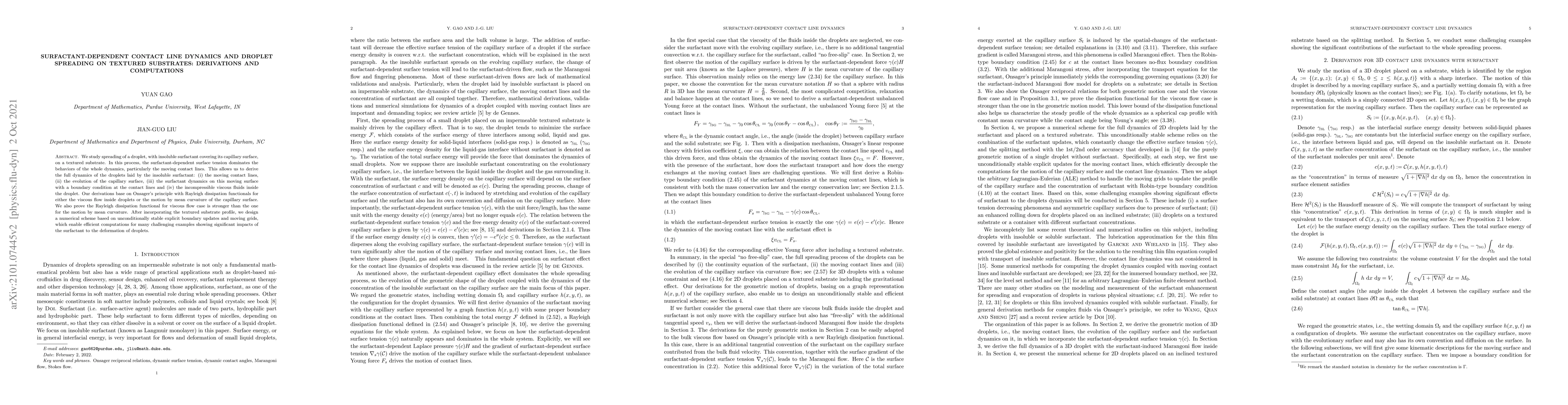Thumbnail for Surfactant-dependent contact line dynamics and droplet spreading on
  textured substrates: derivations and computations