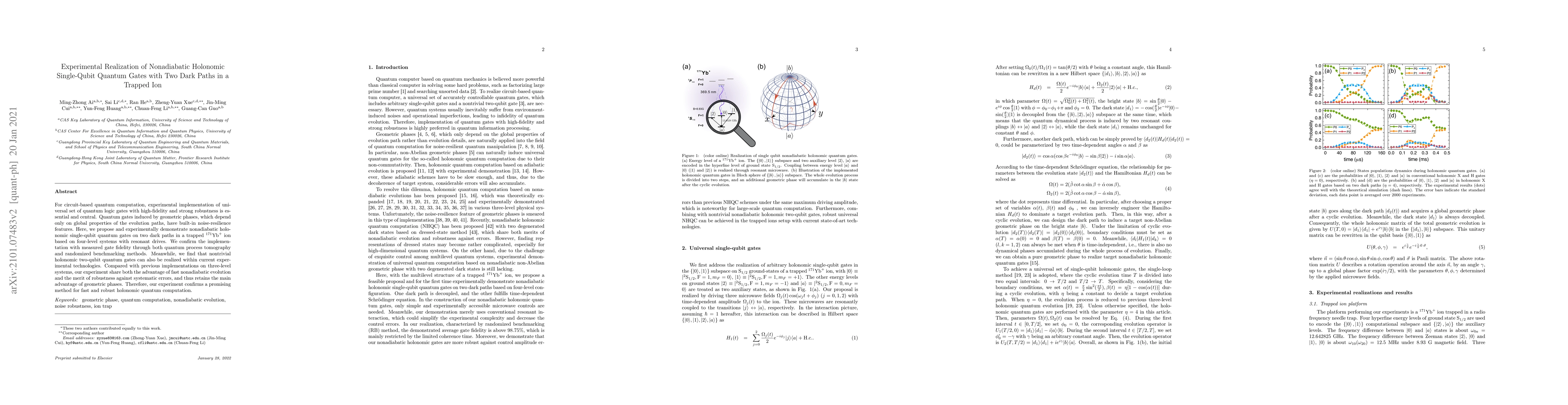 Thumbnail for Experimental Realization of Nonadiabatic Holonomic Single-Qubit Quantum
  Gates with Two Dark Paths in a Trapped Ion