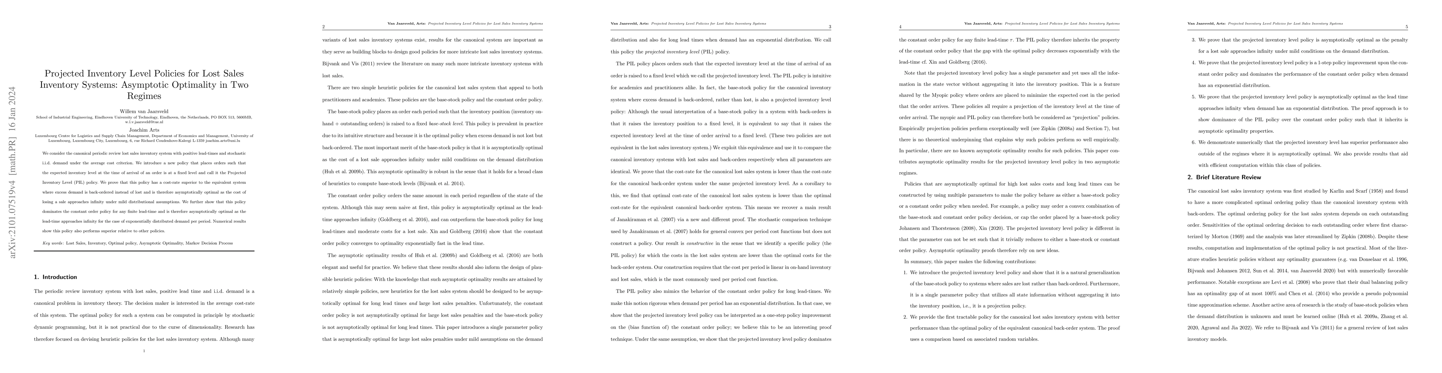 Thumbnail for Projected Inventory Level Policies for Lost Sales Inventory Systems:
  Asymptotic Optimality in Two Regimes