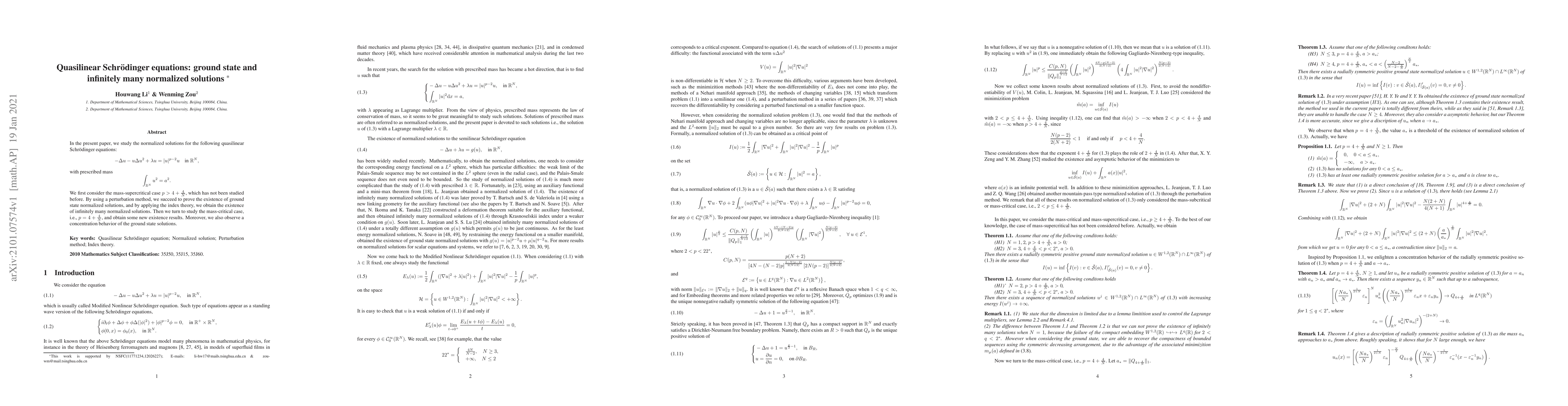 Thumbnail for Quasilinear Schr\"odinger equations: ground state and infinitely many
  normalized solutions