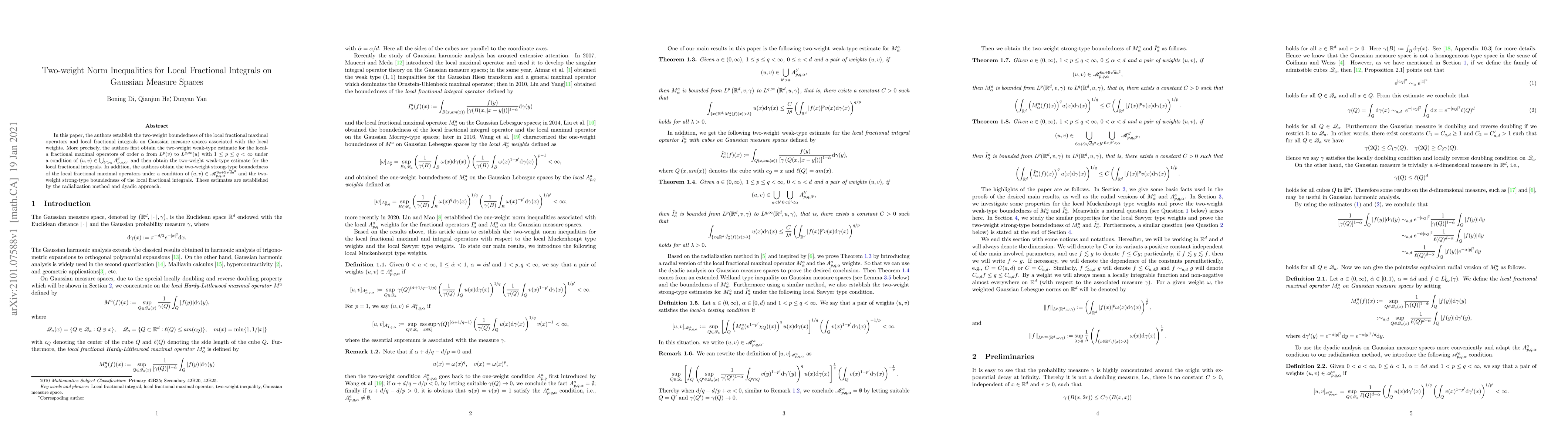 Thumbnail for Two-weight Norm Inequalities for Local Fractional Integrals on Gaussian
  Measure Spaces
