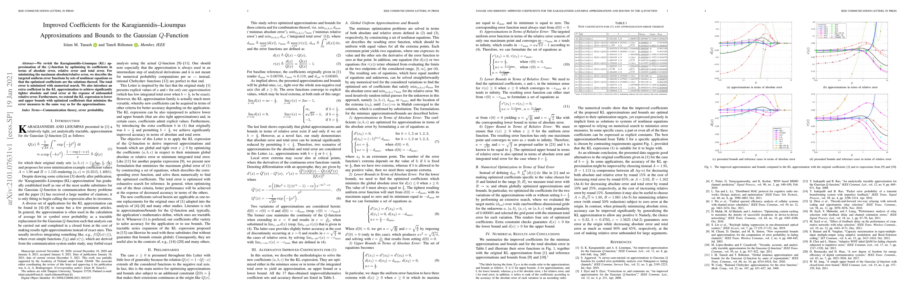 Thumbnail for Improved Coefficients for the Karagiannidis-Lioumpas Approximations and
  Bounds to the Gaussian Q-Function