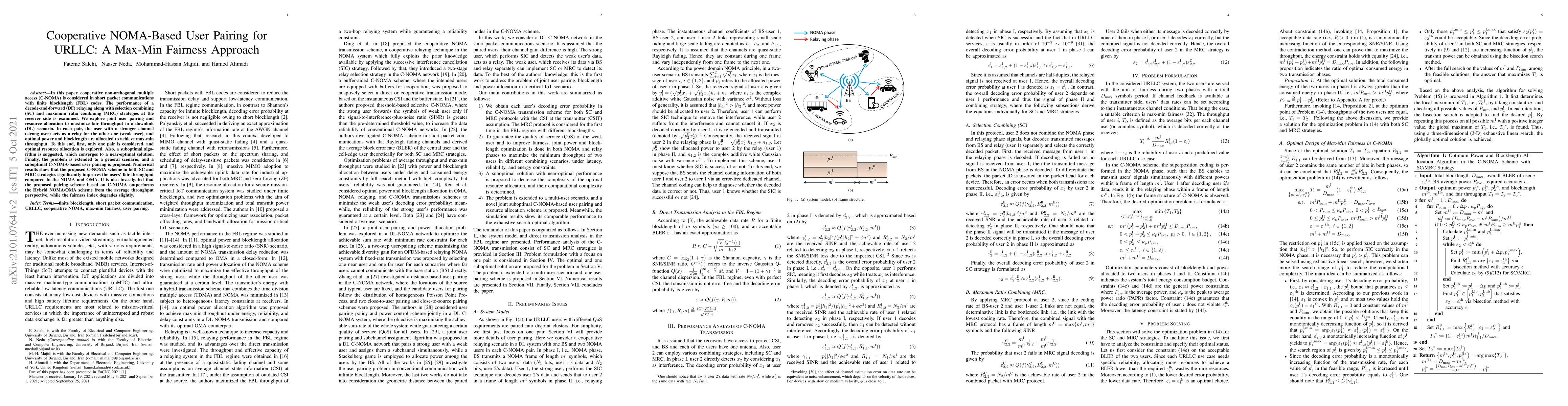 Thumbnail for Cooperative NOMA-Based User Pairing for URLLC: A Max-Min Fairness
  Approach
