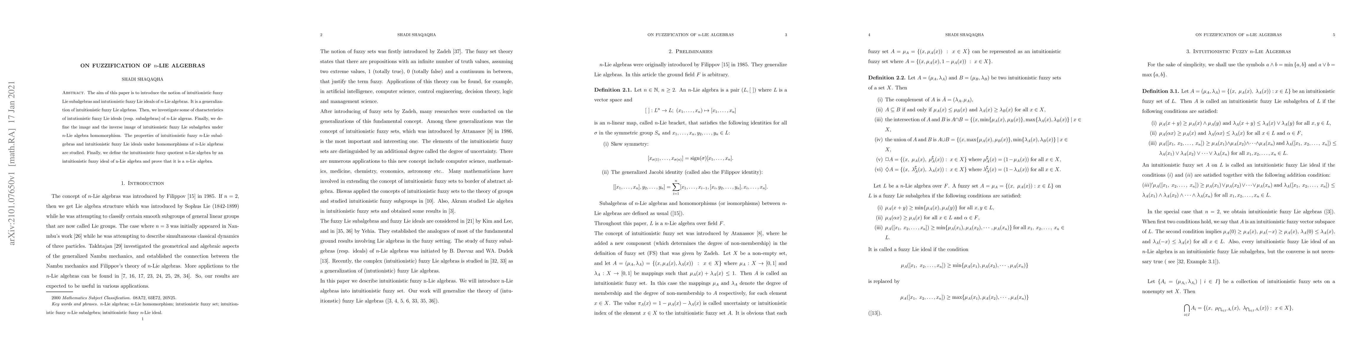 Thumbnail for On Fuzzification of n-Lie Algebras