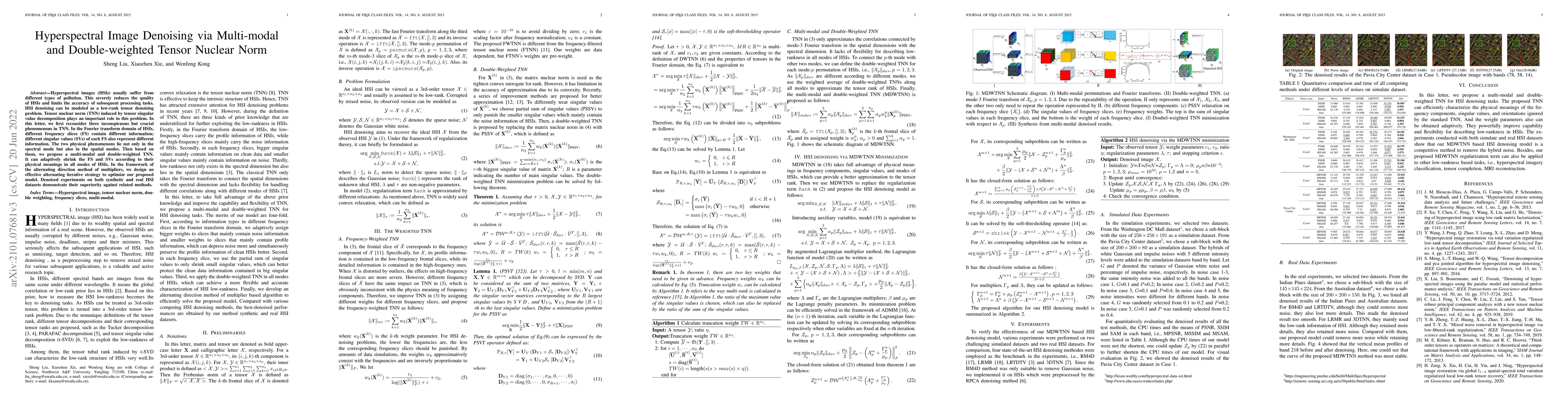 Thumbnail for Hyperspectral Image Denoising via Multi-modal and Double-weighted Tensor
  Nuclear Norm
