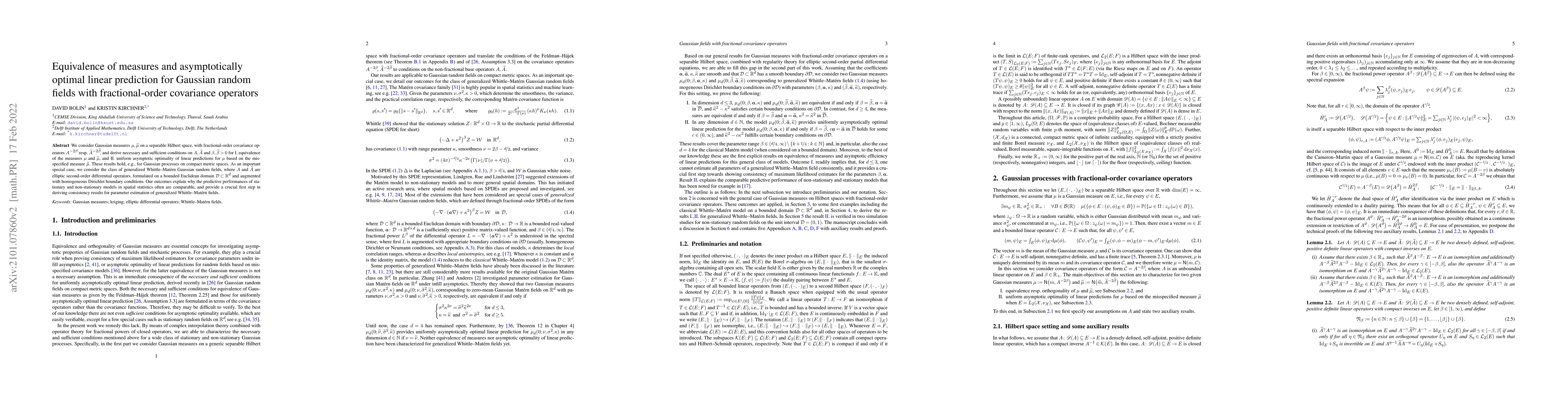 Thumbnail for Equivalence of measures and asymptotically optimal linear prediction for
  Gaussian random fields with fractional-order covariance operators