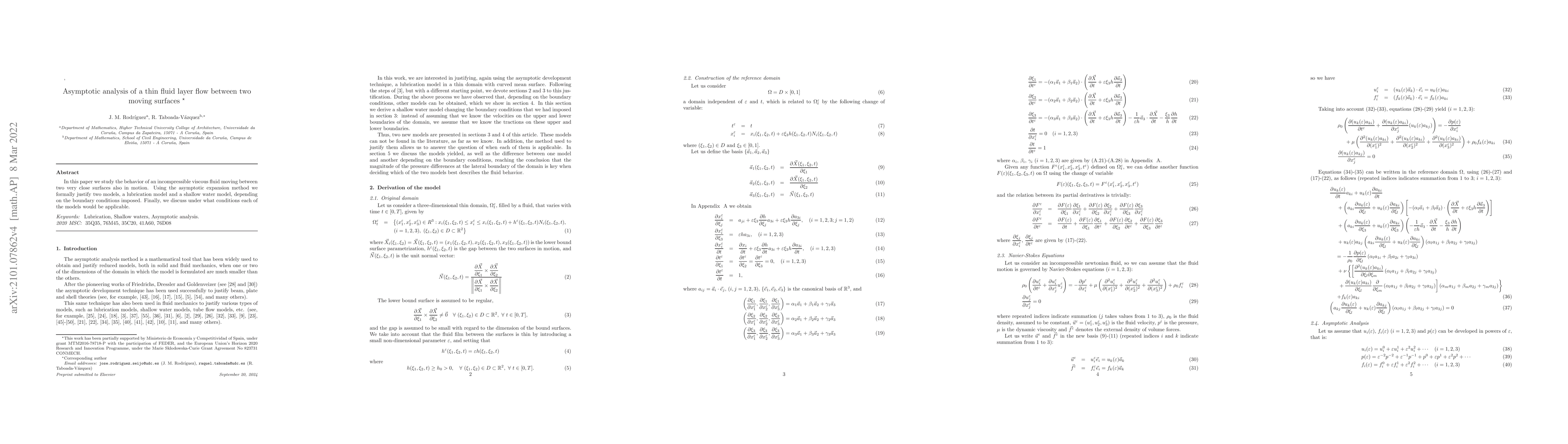 Thumbnail for Asymptotic analysis of a thin fluid layer flow between two moving
  surfaces