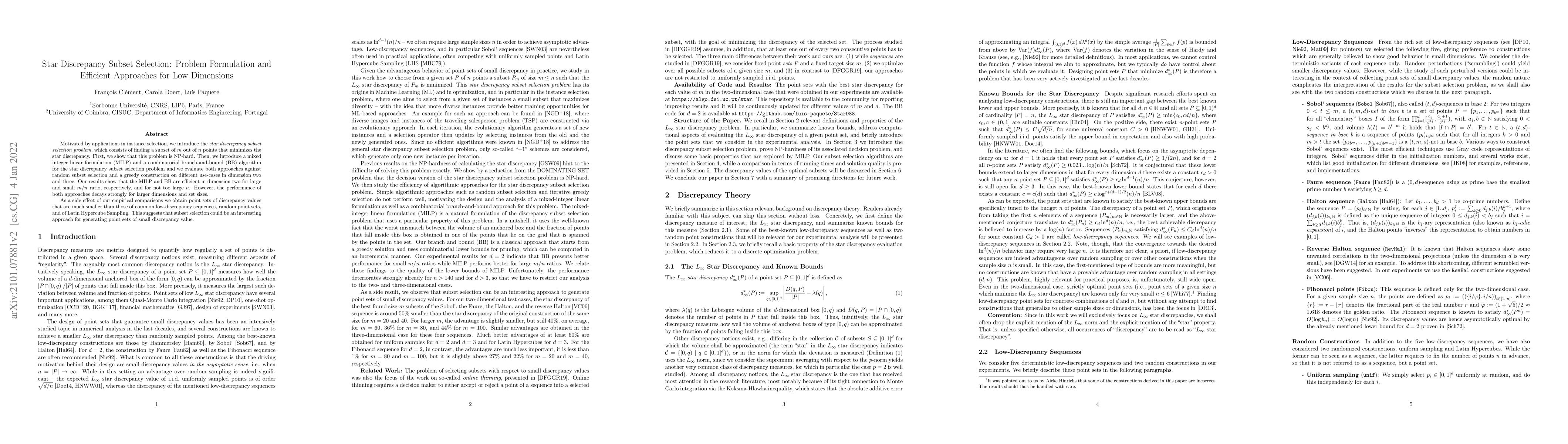 Thumbnail for Star Discrepancy Subset Selection: Problem Formulation and Efficient
  Approaches for Low Dimensions
