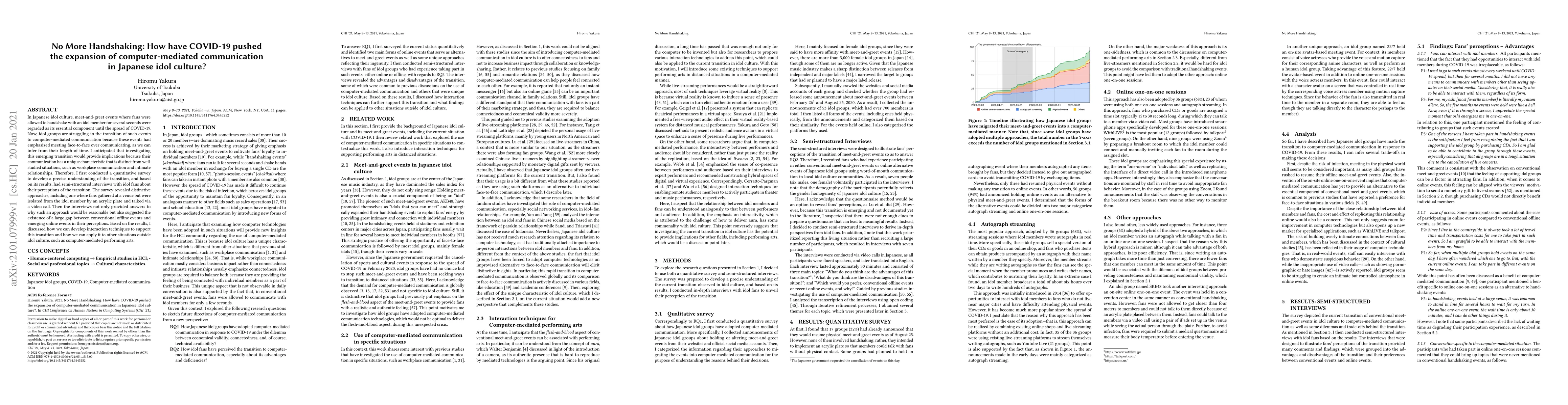 Thumbnail for No More Handshaking: How have COVID-19 pushed the expansion of
  computer-mediated communication in Japanese idol culture?