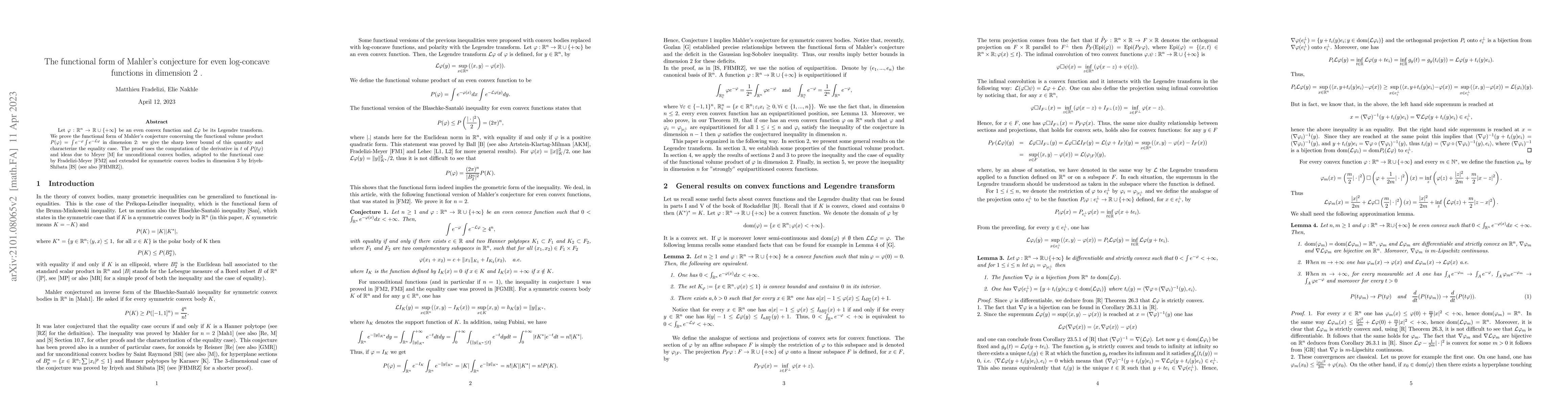 Thumbnail for The functional form of Mahler conjecture for even log-concave functions
  in dimension $2$