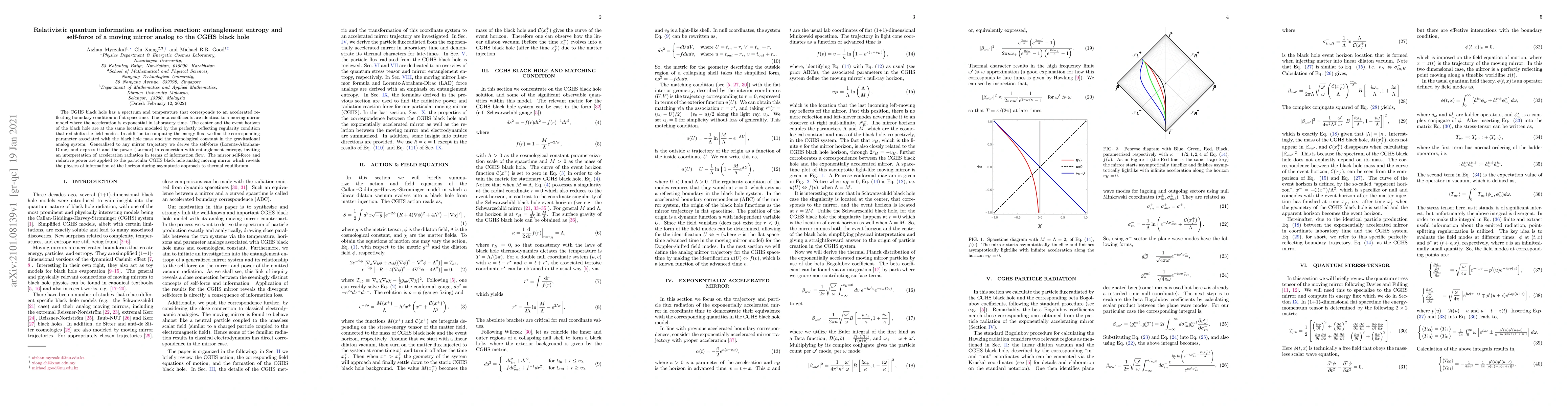 Thumbnail for Relativistic quantum information as radiation reaction: entanglement
  entropy and self-force of a moving mirror analog to the CGHS black hole
