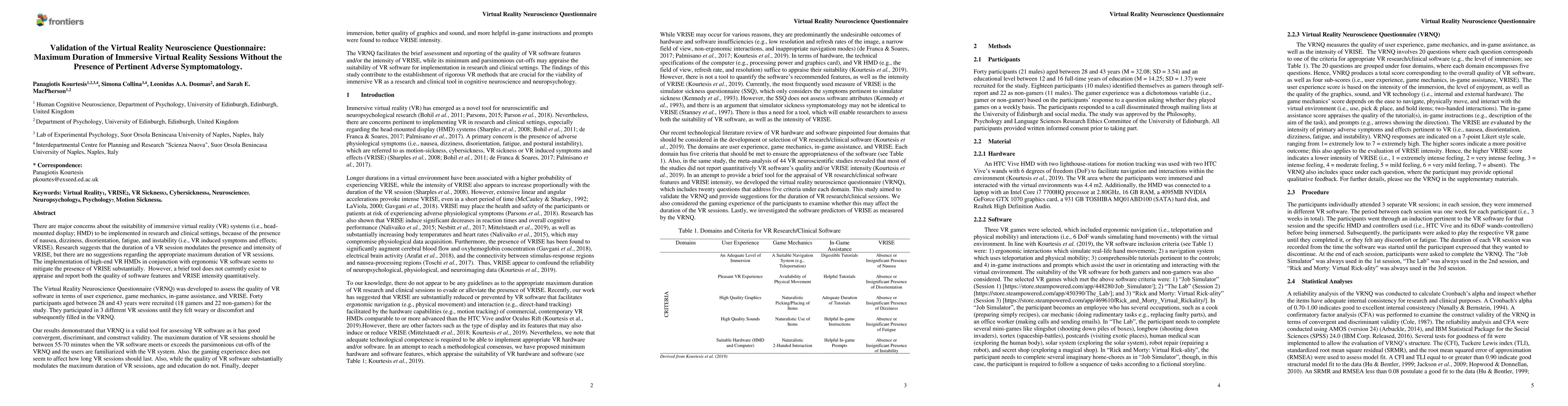 Thumbnail for Validation of the Virtual Reality Neuroscience Questionnaire: Maximum
  Duration of Immersive Virtual Reality Sessions Without the Presence of
  Pertinent Adverse Symptomatology