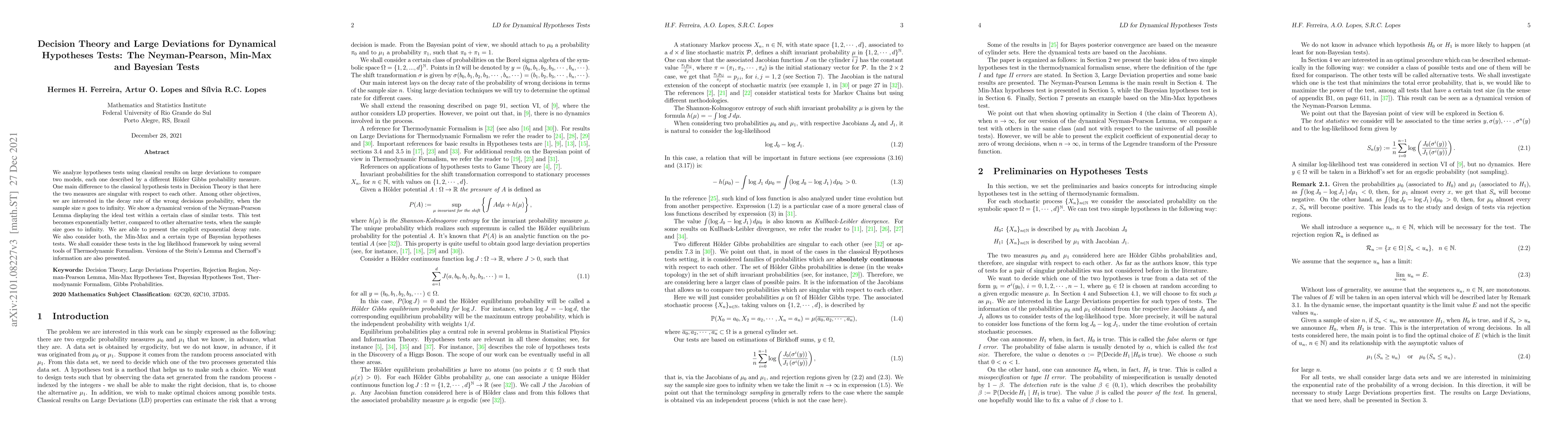 Thumbnail for Decision Theory and Large Deviations for Dynamical Hypotheses Tests:
  Neyman-Pearson, Min-Max and Bayesian Tests