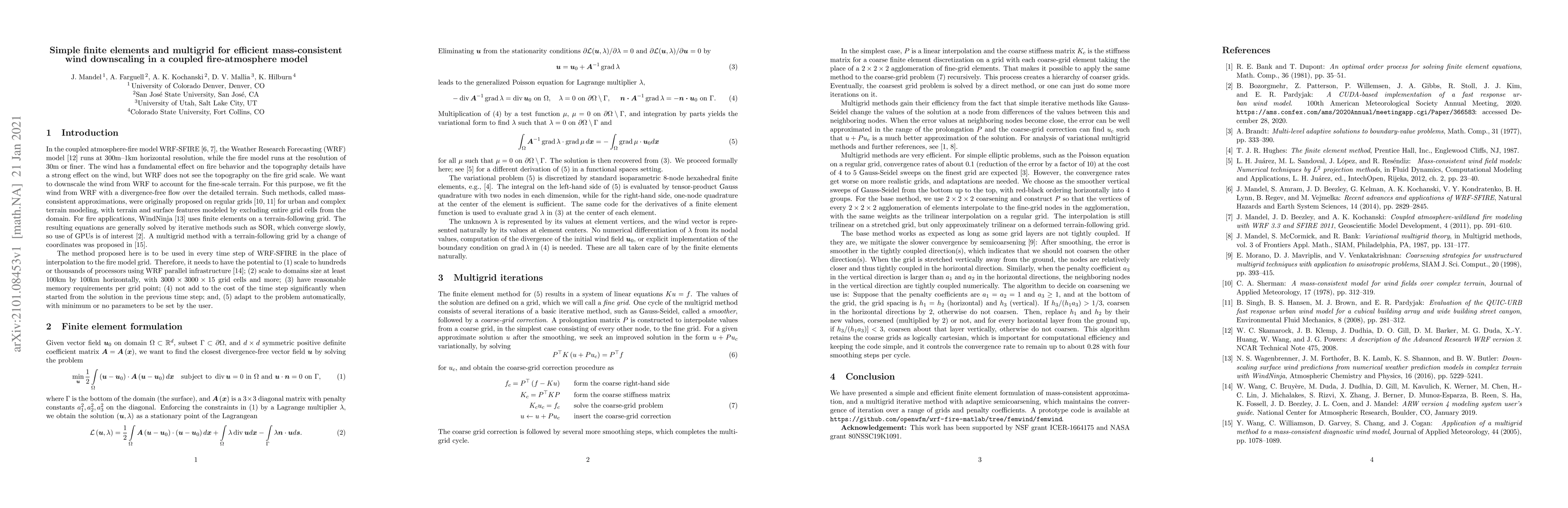 Thumbnail for Simple finite elements and multigrid for efficient mass-consistent wind
  downscaling in a coupled fire-atmosphere model