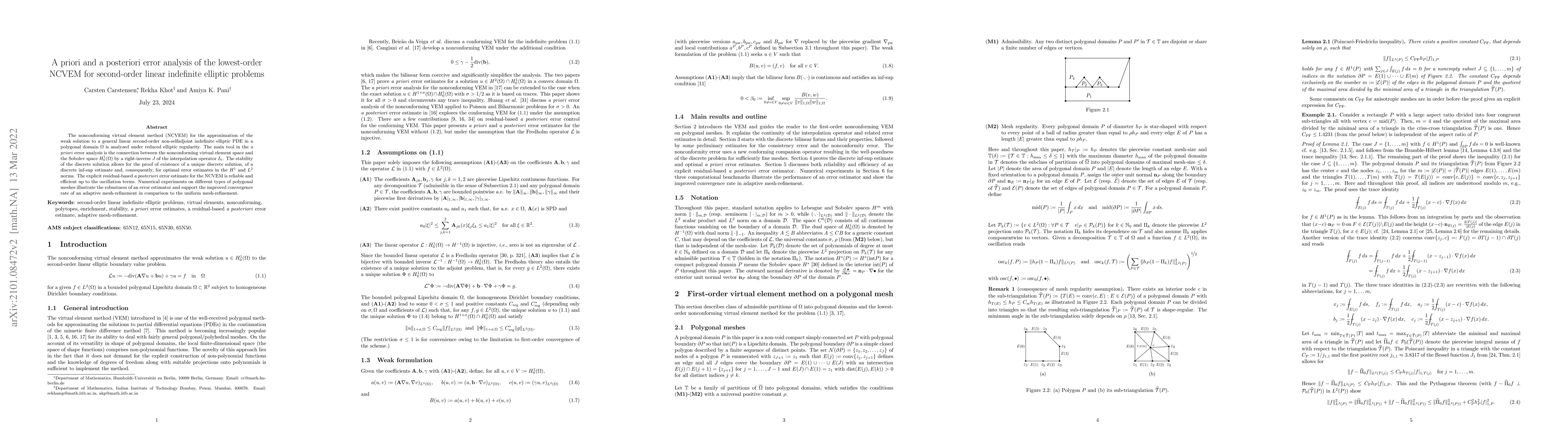 Thumbnail for A priori and a posteriori error analysis of the lowest-order NCVEM for
  second-order linear indefinite elliptic problems