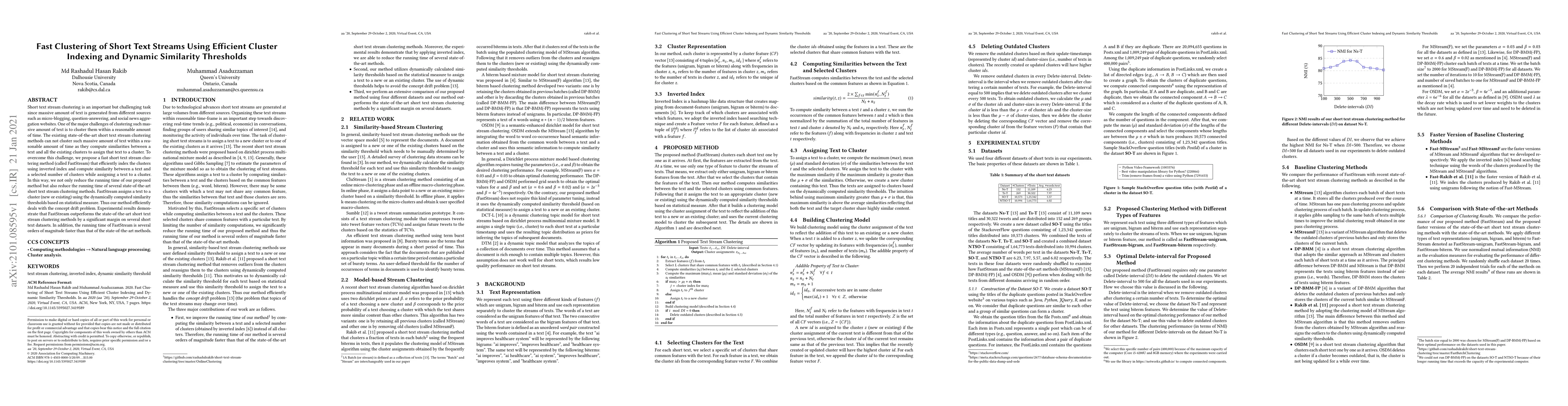 Thumbnail for Fast Clustering of Short Text Streams Using Efficient Cluster Indexing
  and Dynamic Similarity Thresholds