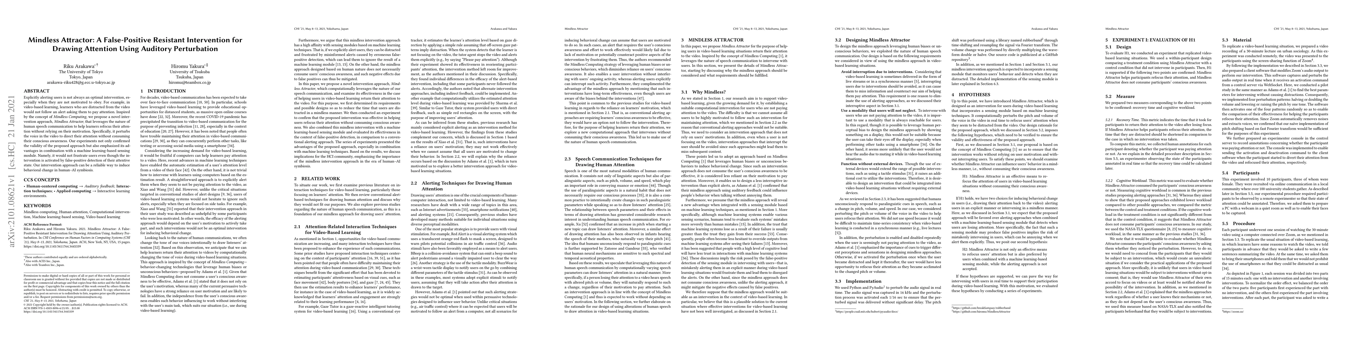 Thumbnail for Mindless Attractor: A False-Positive Resistant Intervention for Drawing
  Attention Using Auditory Perturbation
