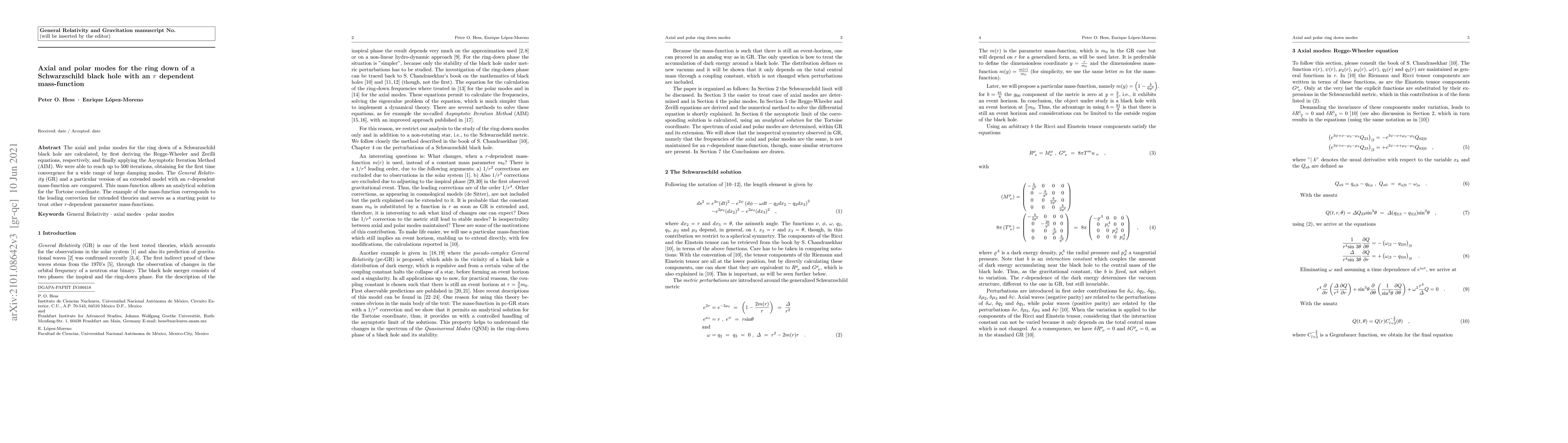 Thumbnail for Axial and polar modes for the ring down of a Schwarzschild black hole
  with an r dependent mass-function