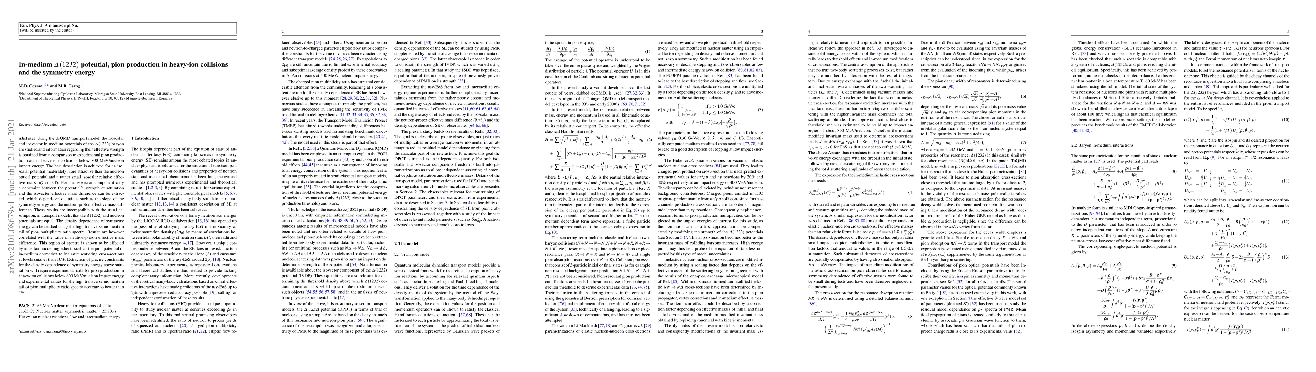 Thumbnail for In-medium $\Delta(1232)$ potential, pion production in heavy-ion
  collisions and the symmetry energy