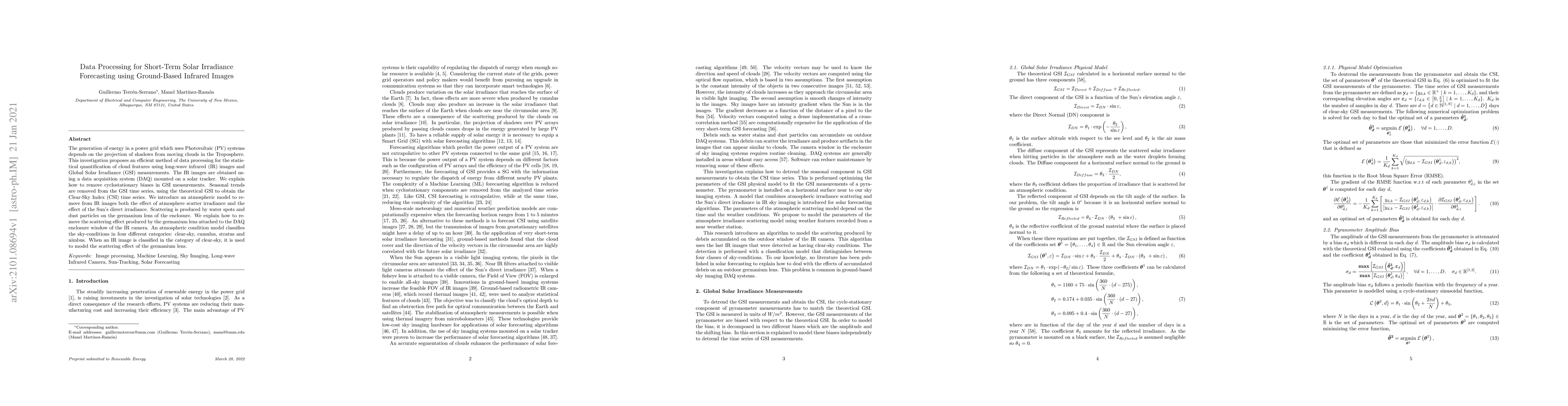 Thumbnail for Processing of Global Solar Irradiance and Ground-Based Infrared Sky
  Images for Solar Nowcasting and Intra-Hour Forecasting Applications