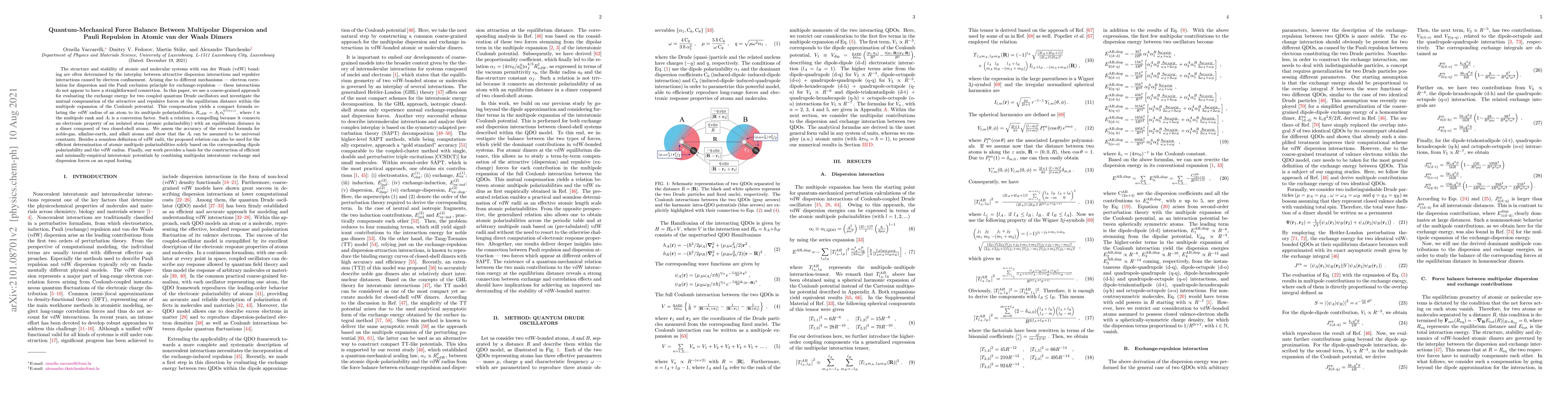 Thumbnail for Quantum-Mechanical Force Balance Between Multipolar Dispersion and Pauli
  Repulsion in Atomic van der Waals Dimers