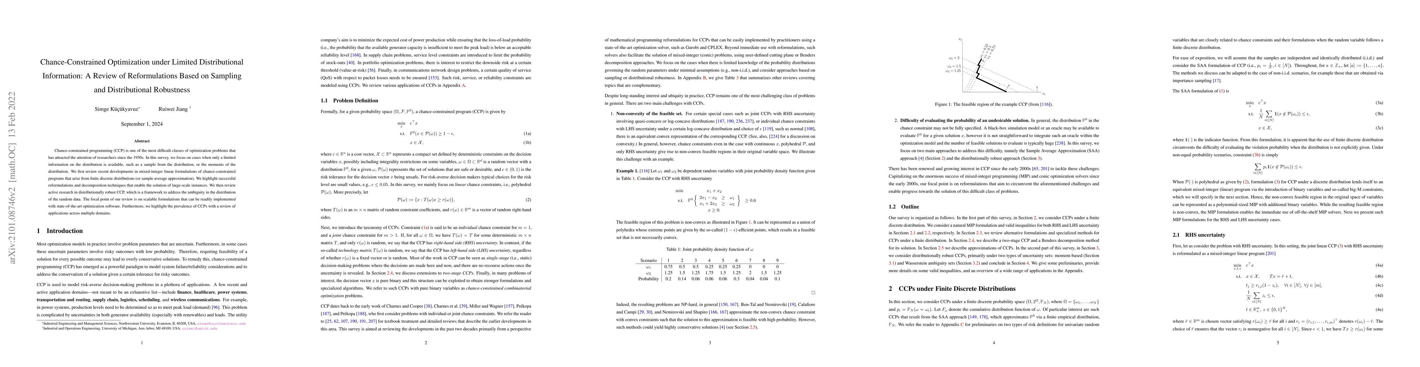 Thumbnail for Chance-Constrained Optimization under Limited Distributional
  Information: A Review of Reformulations Based on Sampling and Distributional
  Robustness