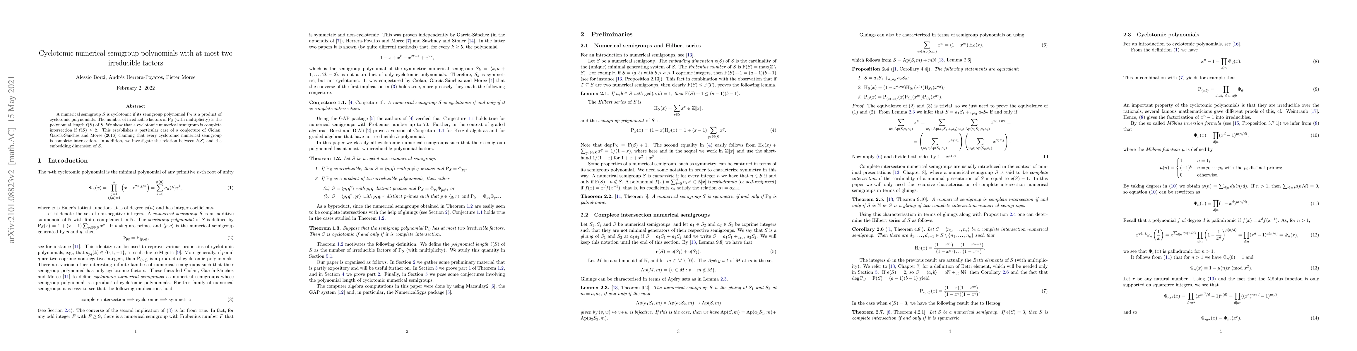 Thumbnail for Cyclotomic numerical semigroup polynomials with at most two irreducible
  factors