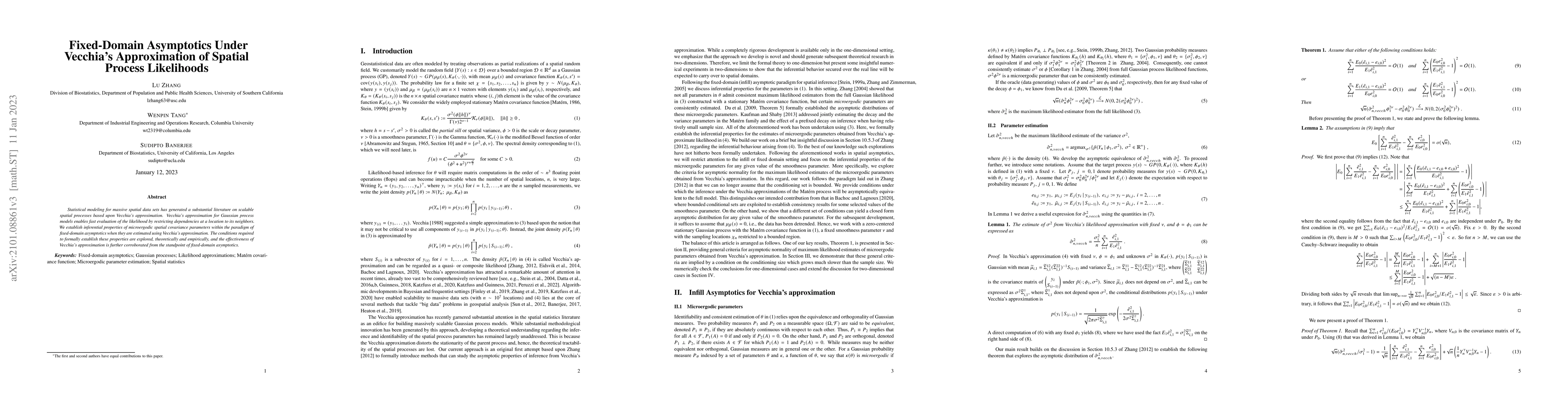 Thumbnail for Fixed-Domain Asymptotics Under Vecchia's Approximation of Spatial
  Process Likelihoods