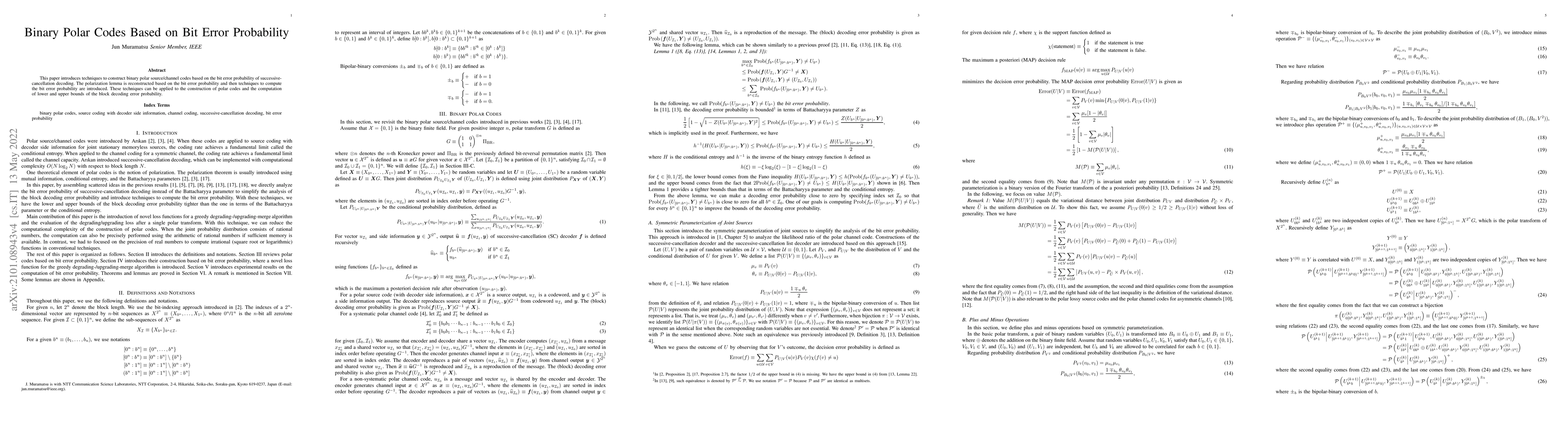 Thumbnail for Binary Polar Codes Based on Bit Error Probability