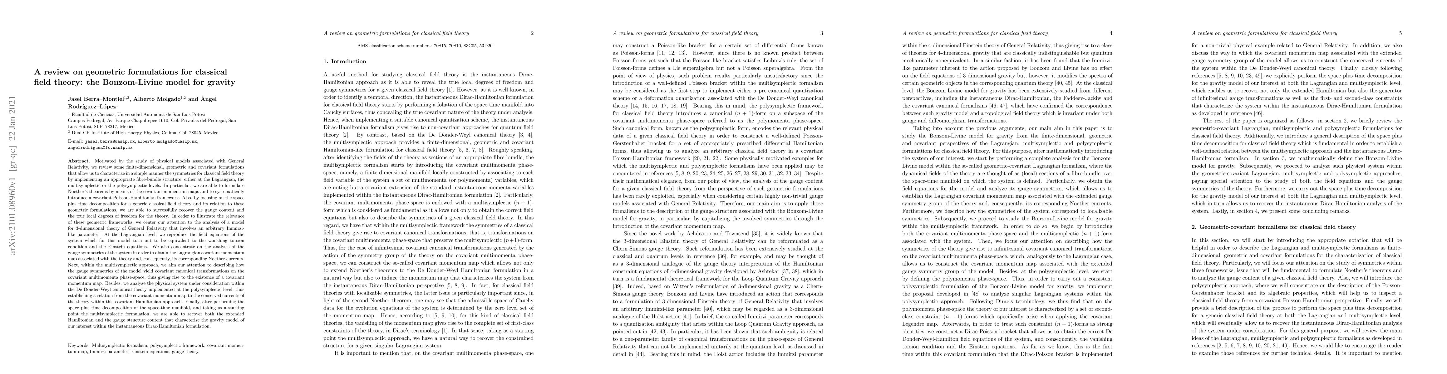 Thumbnail for A review on geometric formulations for classical field theory: the
  Bonzom-Livine model for gravity