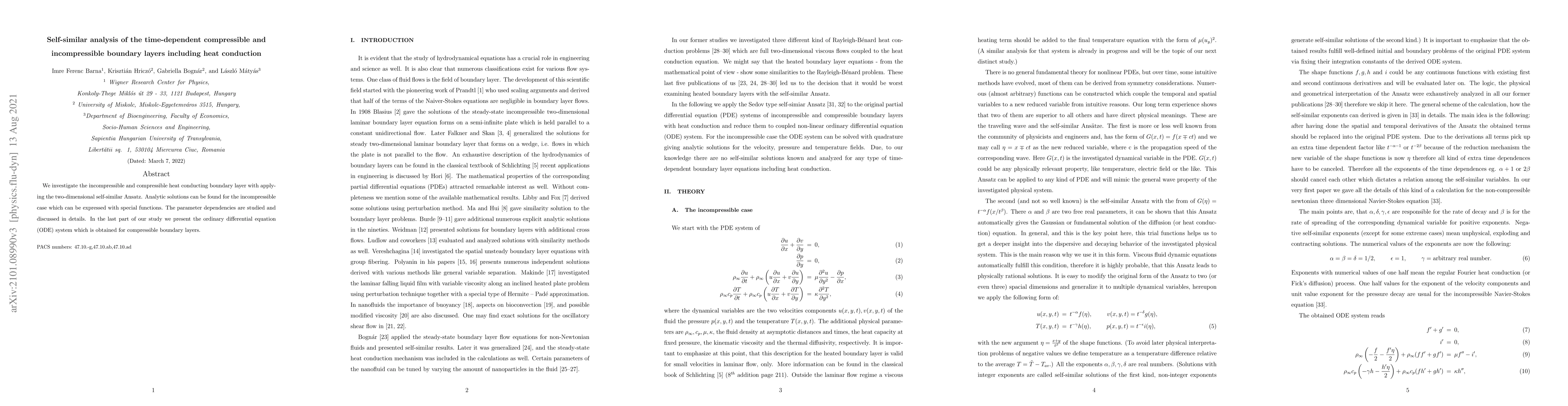 Thumbnail for Self-similar analysis of the time-dependent compressible and
  incompressible boundary layers including heat conduction