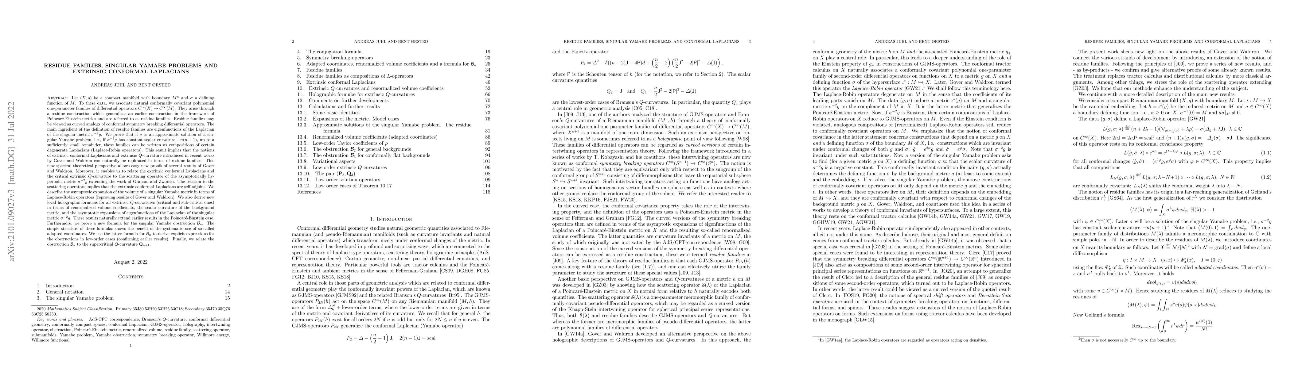 Thumbnail for Residue families, singular Yamabe problems and extrinsic conformal
  Laplacians
