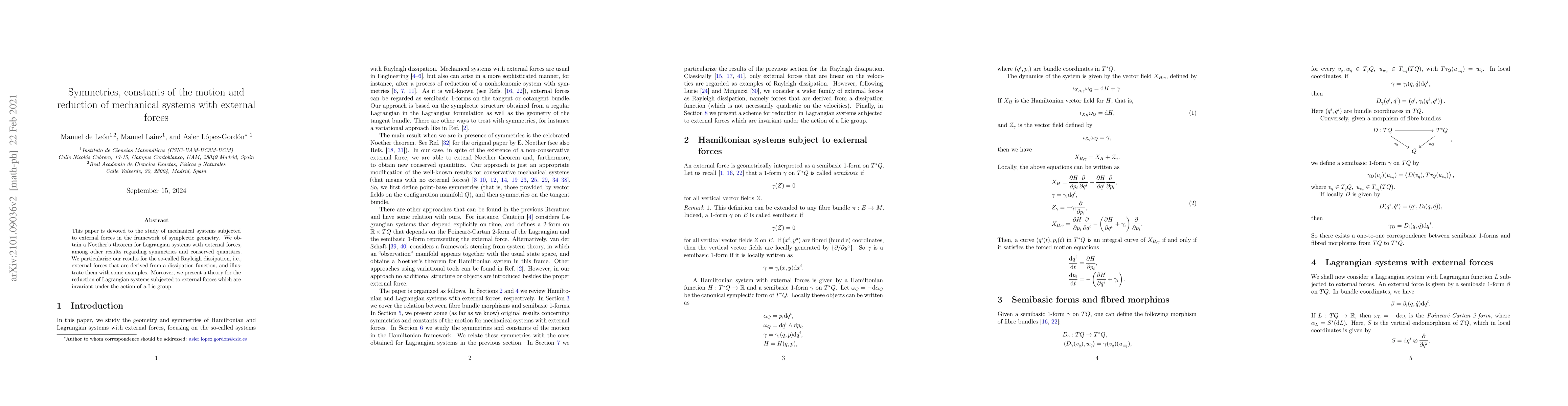 Thumbnail for Symmetries, constants of the motion and reduction of mechanical systems
  with external forces