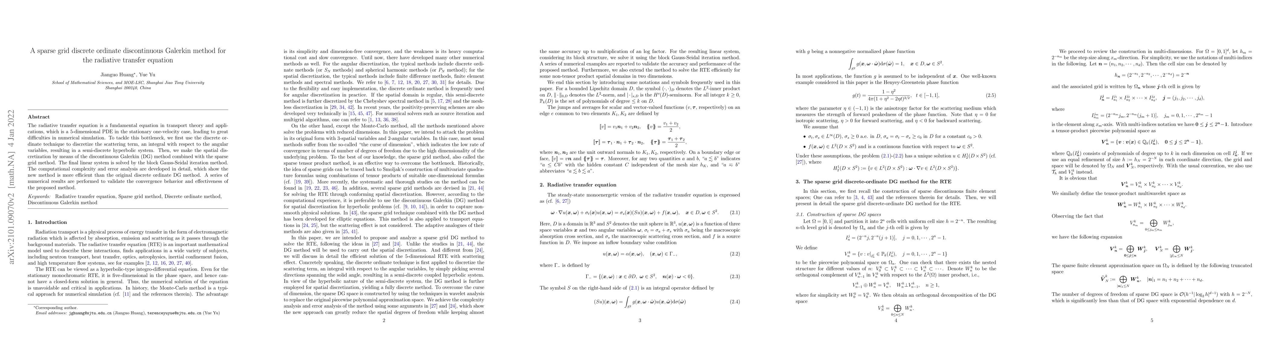 Thumbnail for A sparse grid discrete ordinate discontinuous Galerkin method for the
  radiative transfer equation