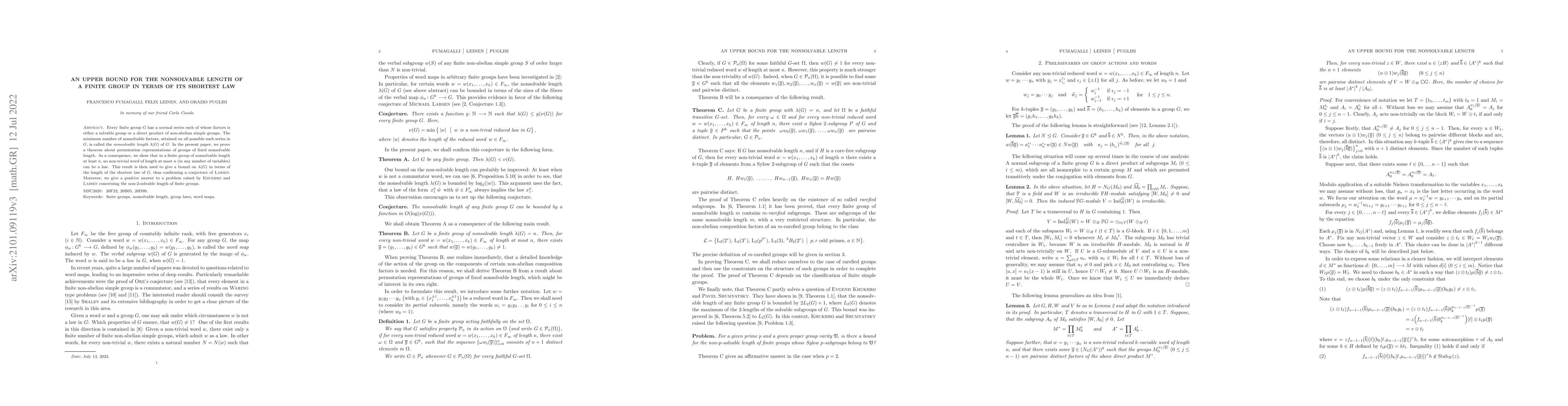 Thumbnail for An upper bound for the nonsolvable length of a finite group in terms of
  its shortest law