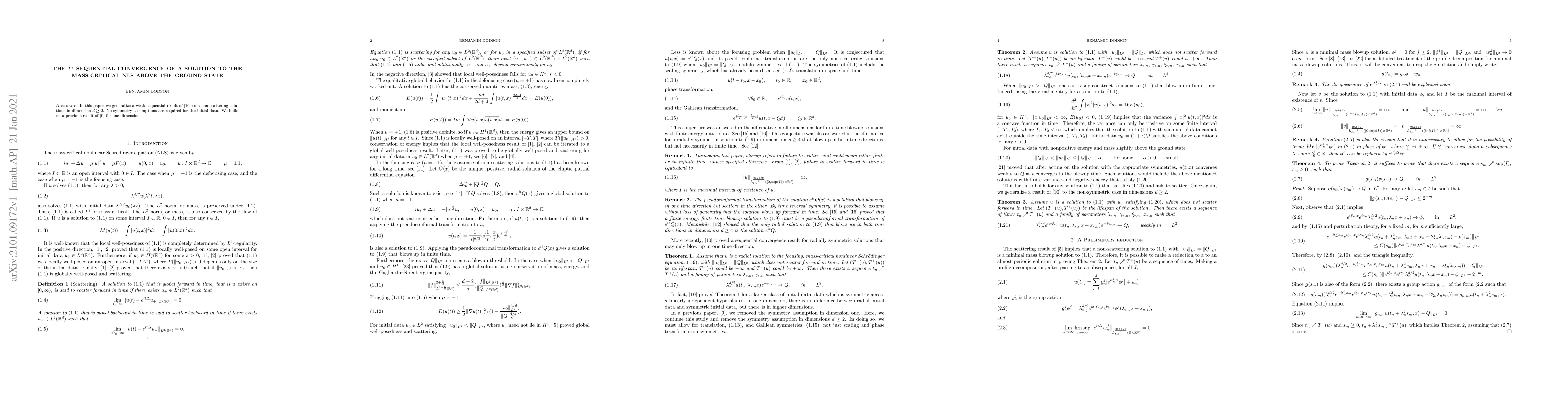 Thumbnail for The $L^{2}$ sequential convergence of a solution to the mass-critical
  NLS above the ground state