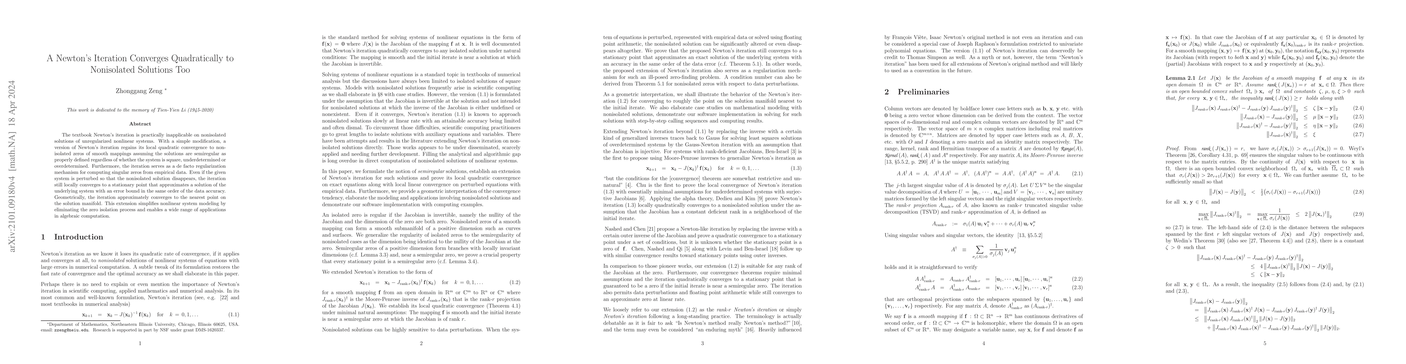 Thumbnail for A Newton's Iteration Converges Quadratically to Nonisolated Solutions
  Too
