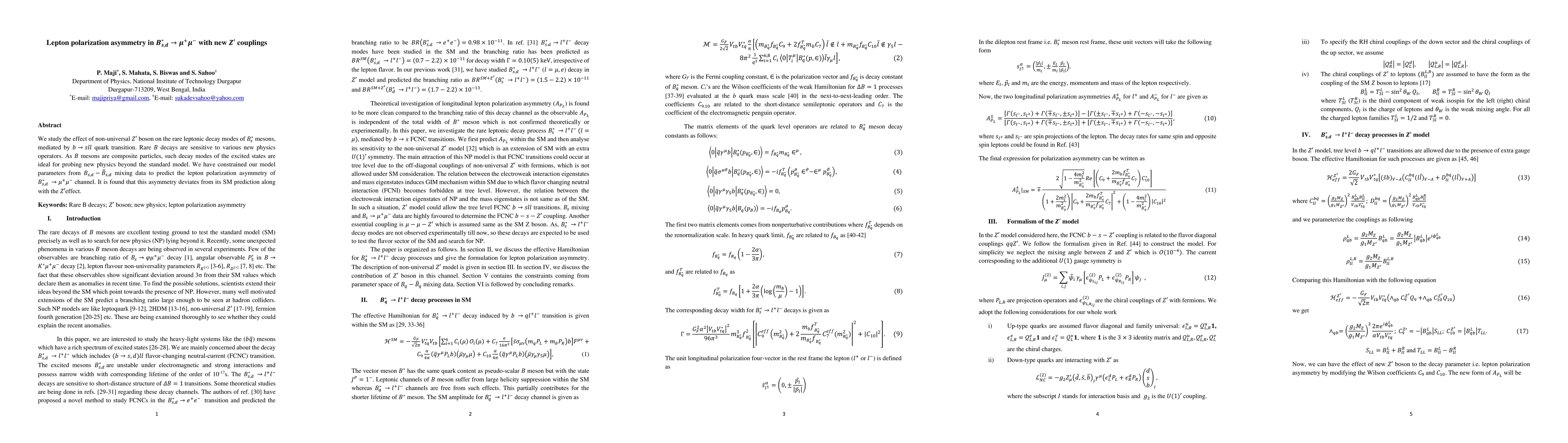 Thumbnail for Lepton polarization asymmetry in $B_(s,d)^*$ arrow ${\mu}^+ {\mu}^-$
  with new Z' couplings