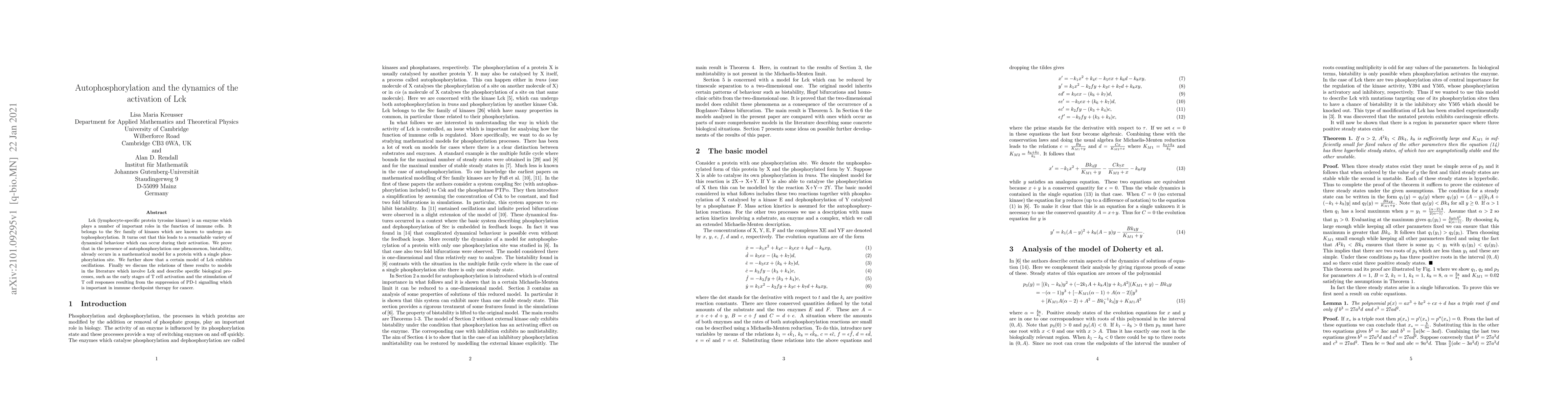 Thumbnail for Autophosphorylation and the dynamics of the activation of Lck