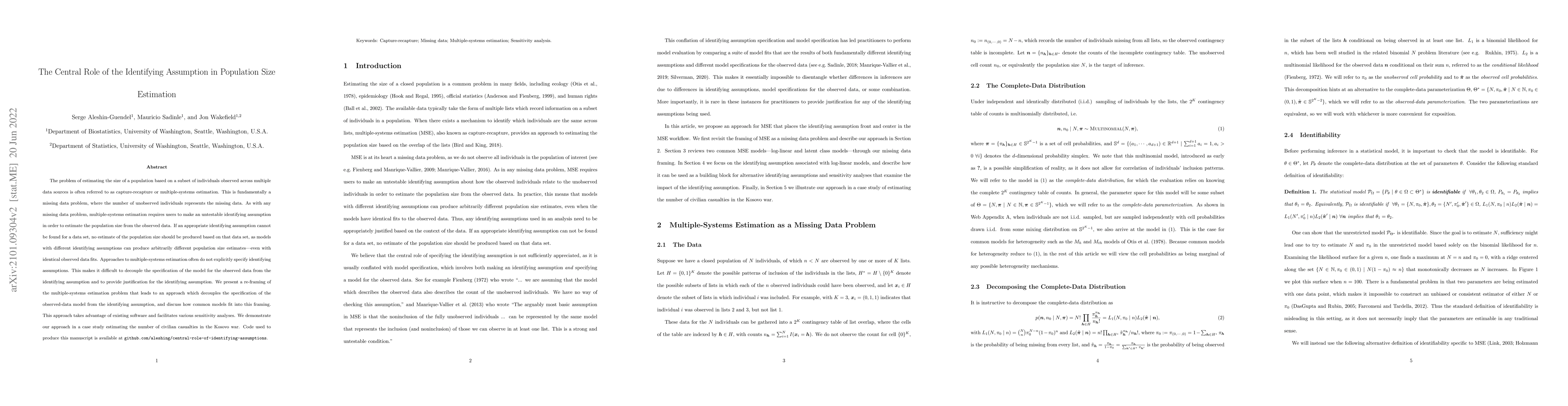 Thumbnail for The Central Role of the Identifying Assumption in Population Size
  Estimation