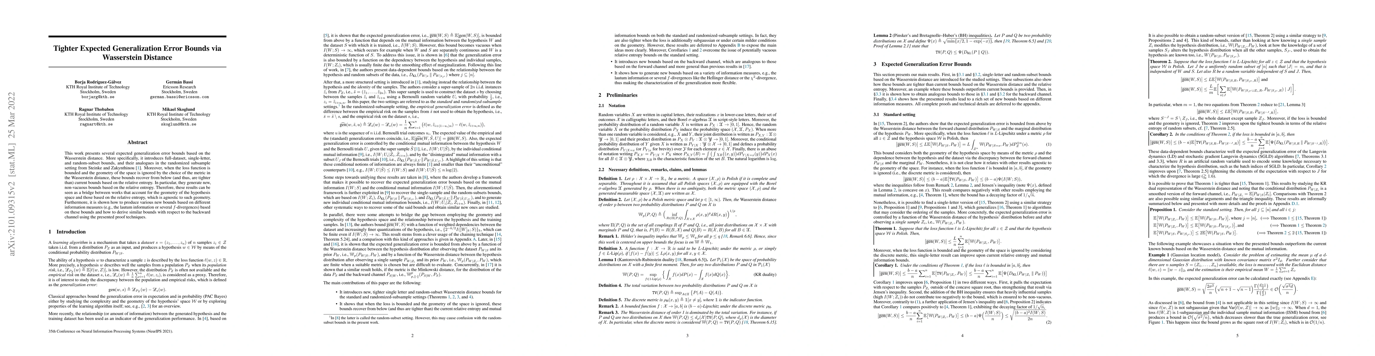 Thumbnail for Tighter expected generalization error bounds via Wasserstein distance