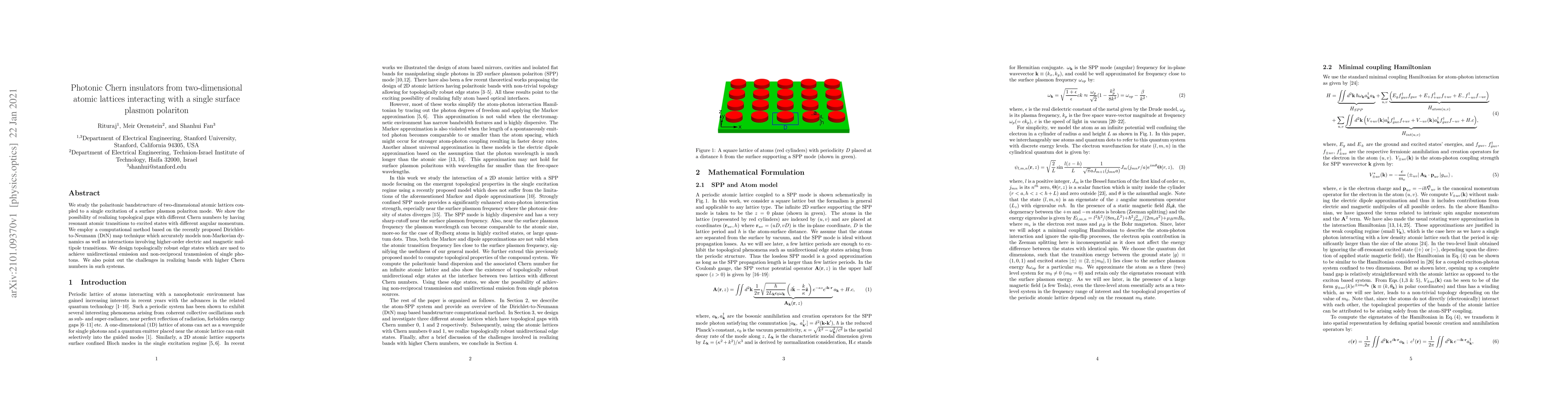 Thumbnail for Photonic Chern insulators from two-dimensional atomic lattices
  interacting with a single surface plasmon polariton