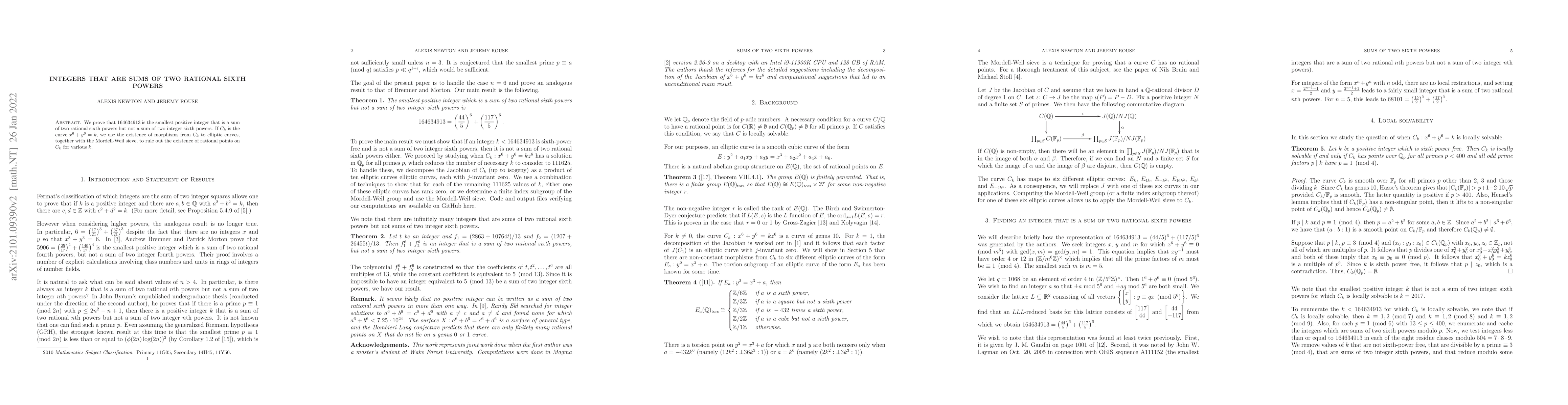 Thumbnail for Integers that are sums of two rational sixth powers