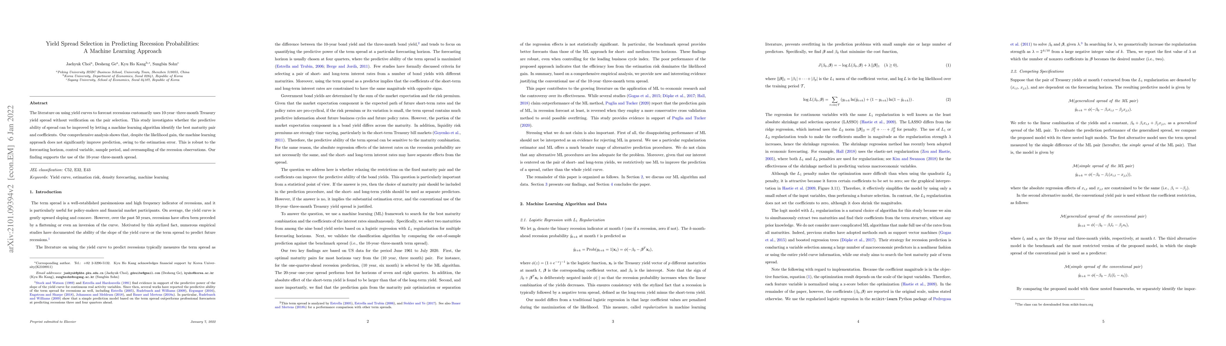 Thumbnail for Yield Spread Selection in Predicting Recession Probabilities: A Machine
  Learning Approach