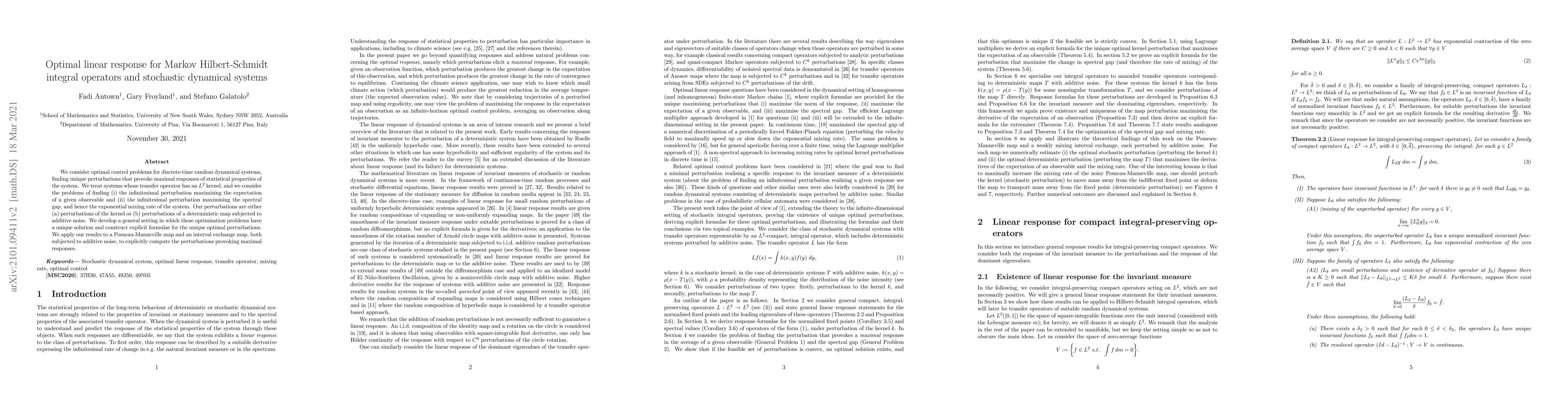 Thumbnail for Optimal linear response for Markov Hilbert-Schmidt integral operators
  and stochastic dynamical systems