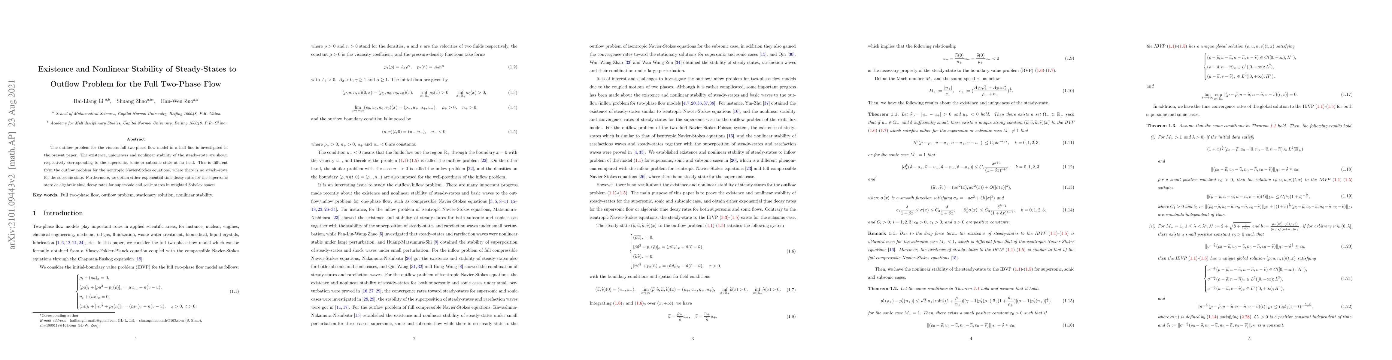 Thumbnail for Existence and Nonlinear Stability of Steady-States to Outflow Problem
  for the Full Two-Phase Flow