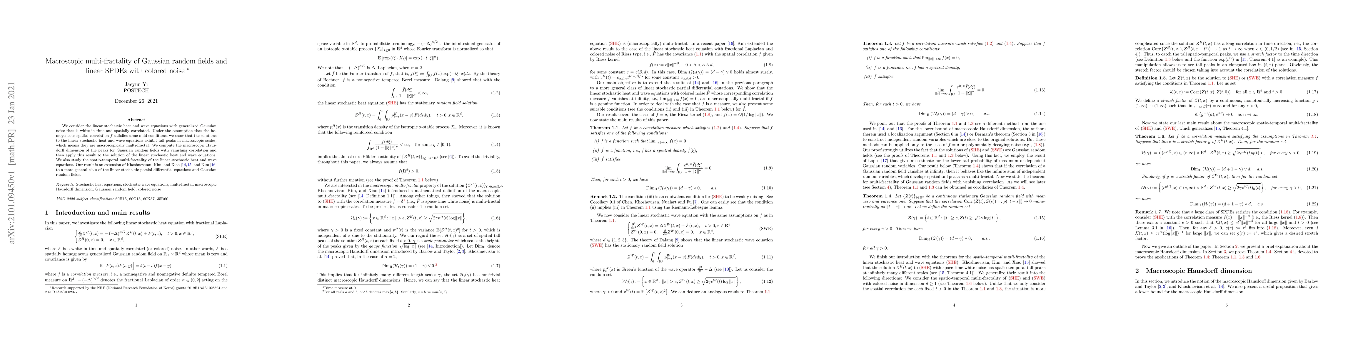 Thumbnail for Macroscopic multi-fractality of Gaussian random fields and linear SPDEs
  with colored noise