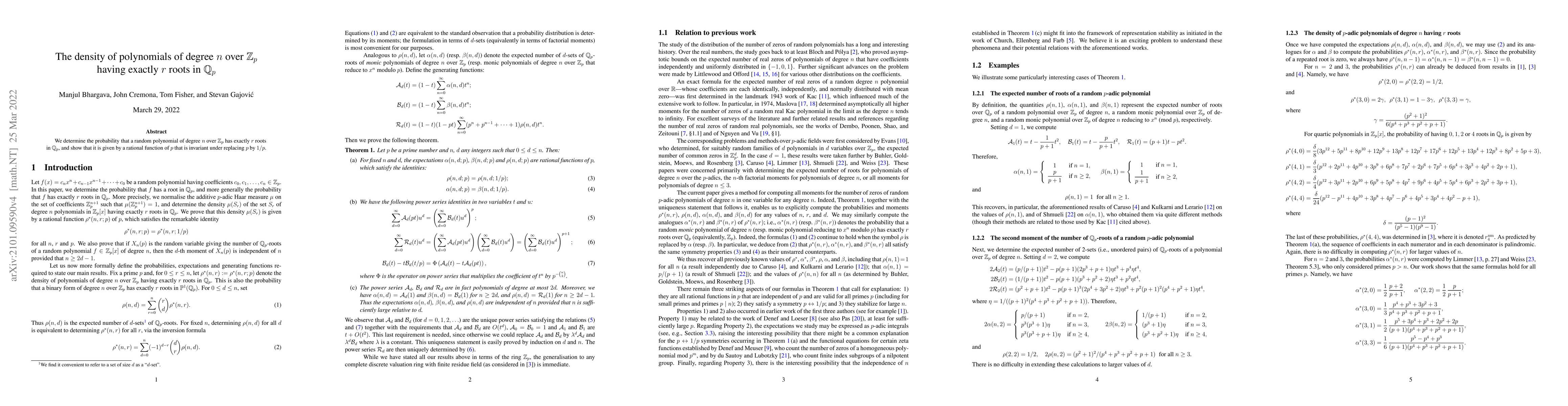 Thumbnail for The density of polynomials of degree $n$ over $\mathbb{Z}_p$ having
  exactly $r$ roots in $\mathbb{Q}_p$