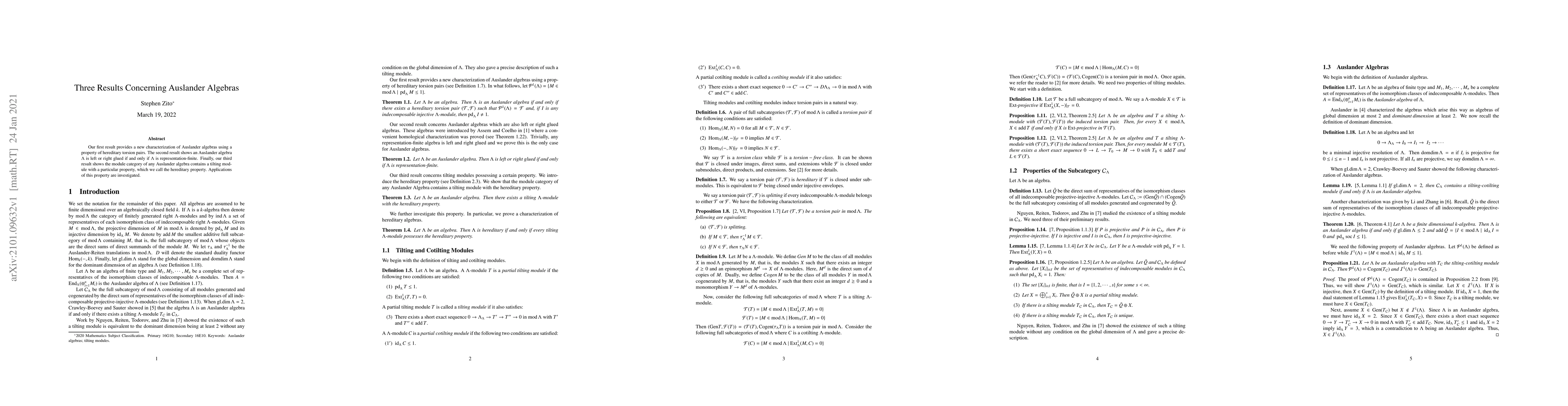 Thumbnail for Three Results Concerning Auslander Algebras